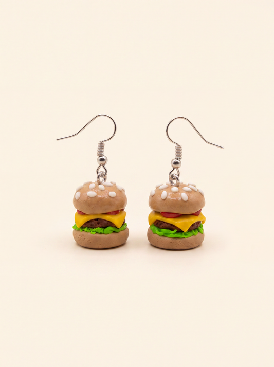 Hamburger earrings handmade from polymer clay, mini cheeseburgers with lettuce and tomato