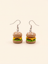Hamburger earrings handmade from polymer clay, mini cheeseburgers with lettuce and tomato