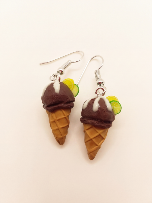 Ice cream cone earrings handmade from polymer clay, chocolate scoops with citrus slices