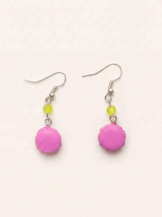 Macaron earrings handmade from polymer clay, pink macarons with green glass beads on silver hooks
