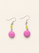 Macaron earrings handmade from polymer clay, pink macarons with green glass beads on silver hooks