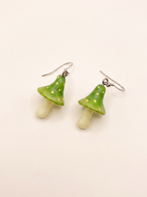 Fairy mushroom earrings handmade from polymer clay, green dotted caps with cream stems
