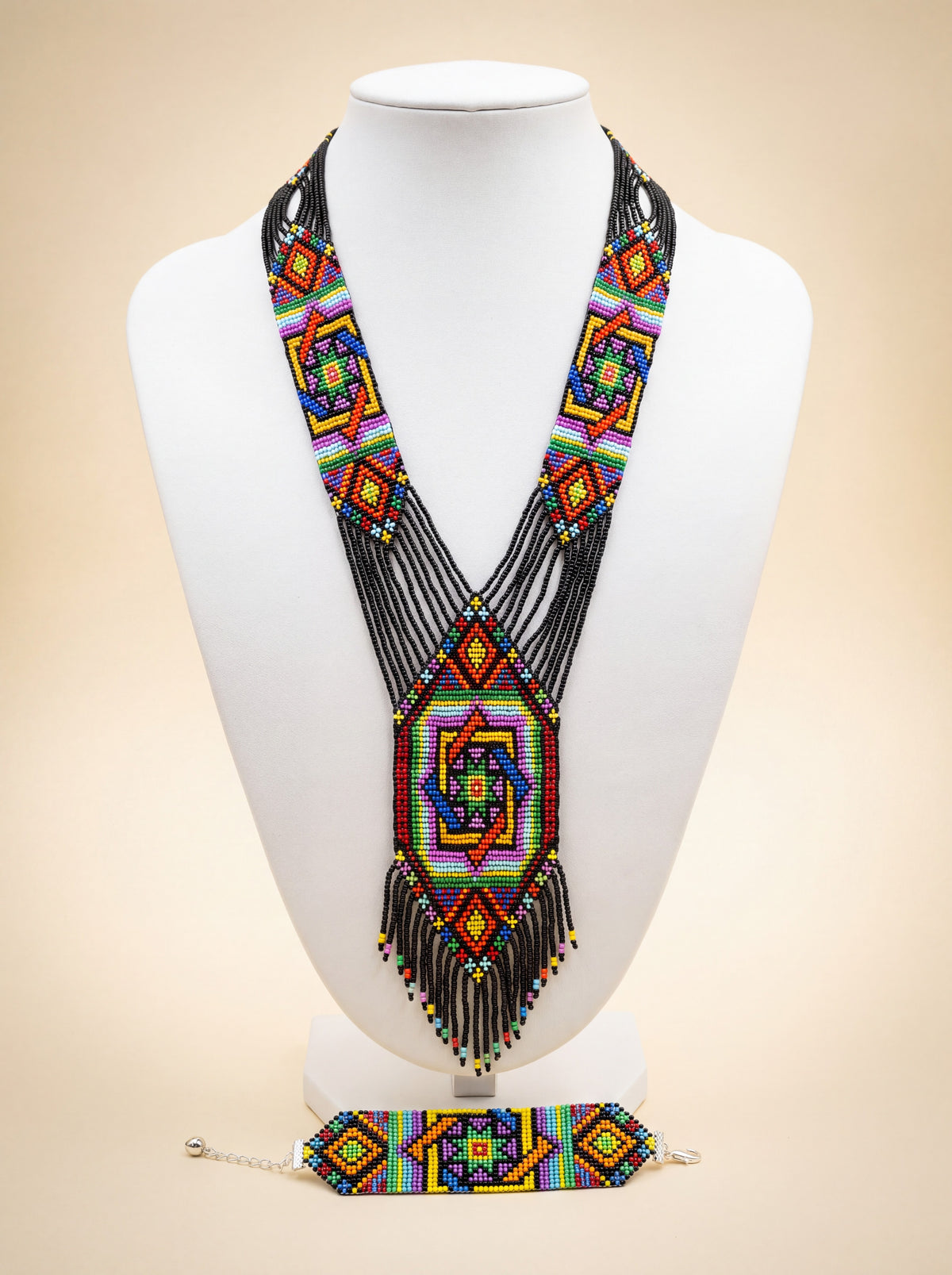 Colorful mandala-pattern gerdan necklace and matching bracelet set, handmade seed bead embroidery with fringe
