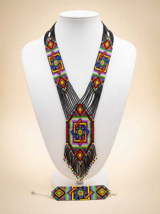 Colorful mandala-pattern gerdan necklace and matching bracelet set, handmade seed bead embroidery with fringe