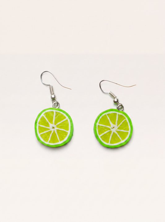 Lime slice earrings handmade from polymer clay, green citrus rounds on silver hooks