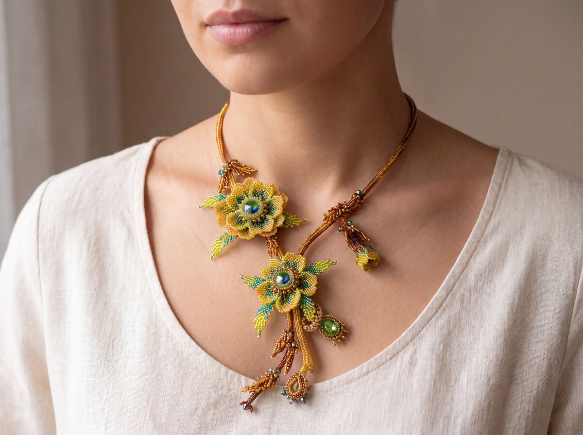Handmade beaded Lorien necklace with golden-green beadwoven flowers, crystal centers and branch-like details, worn on a model in cream linen.
