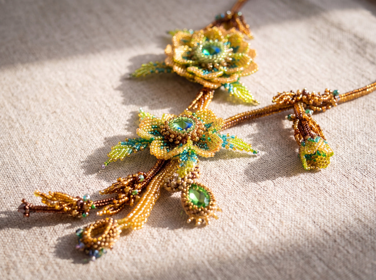 Close-up of the handmade Lorien beaded necklace showing gold and green beadwoven flowers, leaves, buds and sparkling crystals in sunlight.