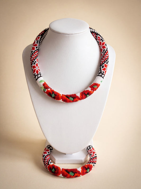 Handmade bead crochet necklace and bracelet set, "Ukrainian Vyshyvanka" pattern in red, black and white.