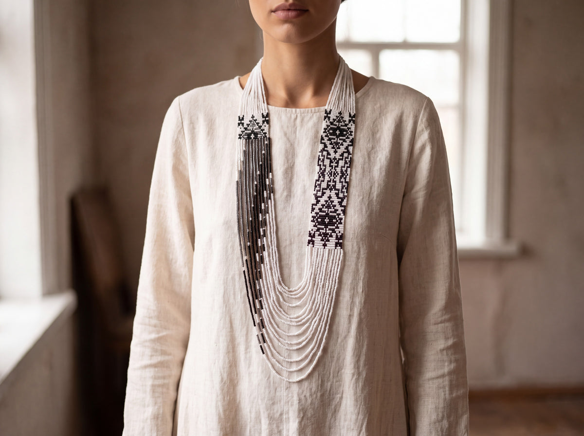Handmade black and white beaded gerdan necklace with geometric Ukrainian pattern and layered strands, worn by a model in a cream linen dress.