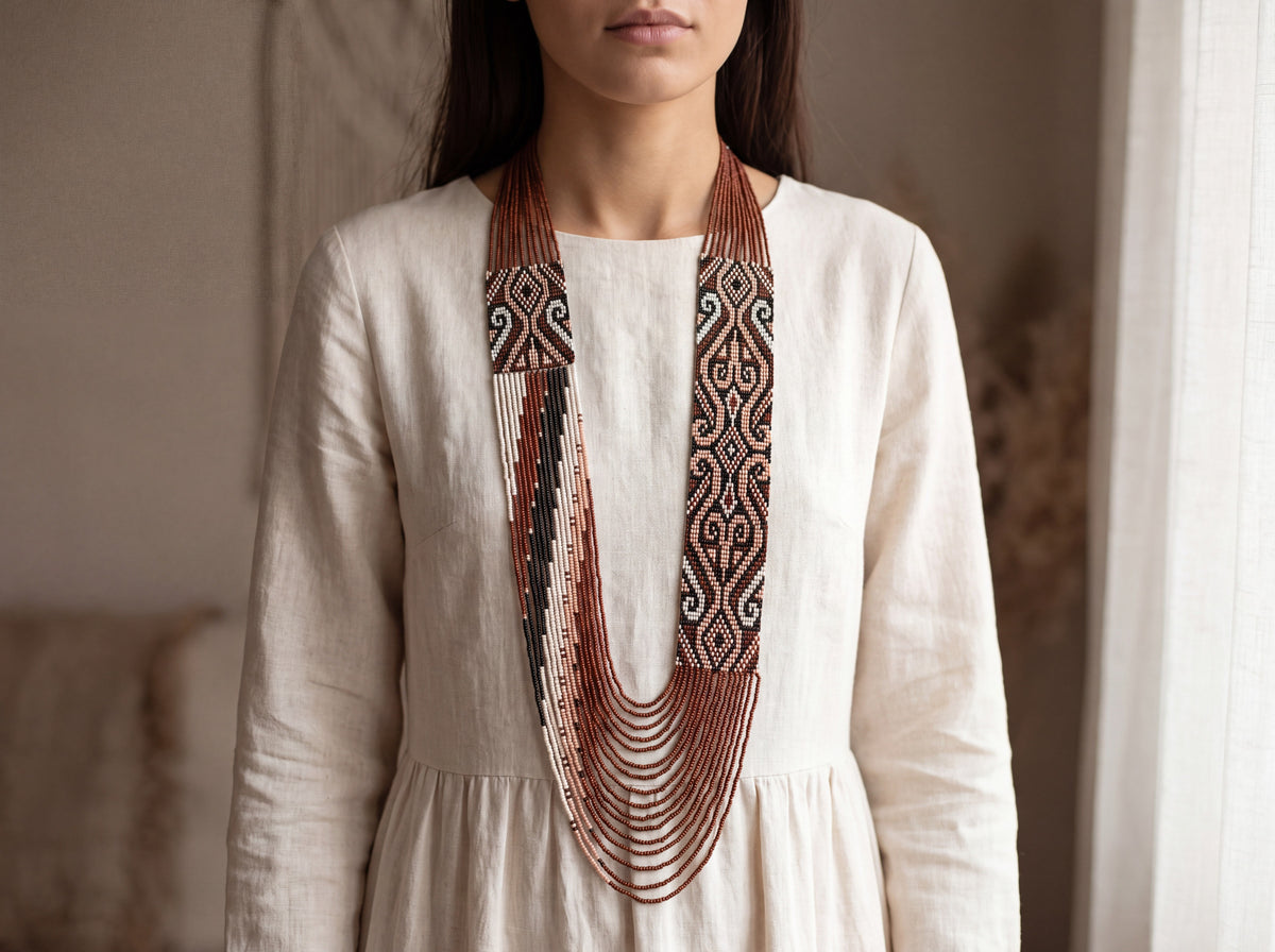 Handmade beaded gerdan necklace in brown, blush, and cream with ornate woven panels and cascading strands, worn by a model in a linen dress.