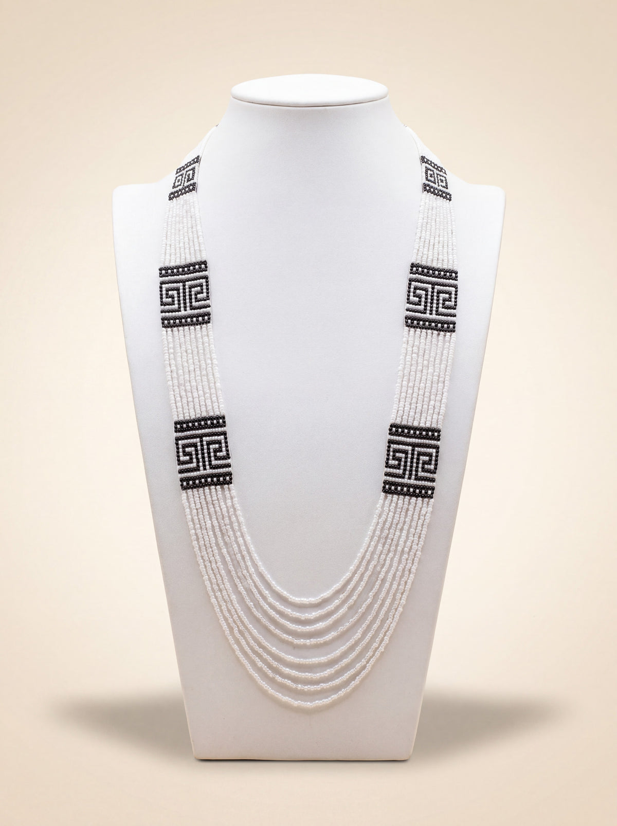 Handmade multi-strand necklace "Greece" with loomed black and white Greek key pattern beaded panels.