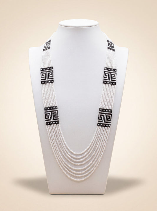 Handmade multi-strand necklace "Greece" with loomed black and white Greek key pattern beaded panels.