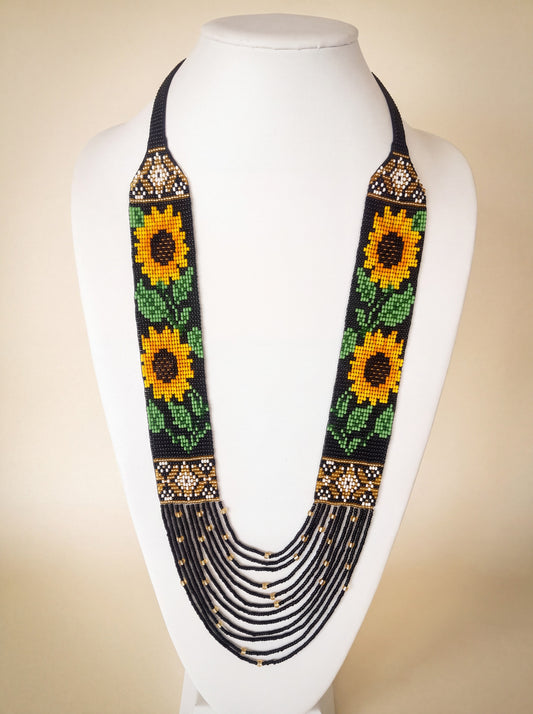 Handmade necklace "Sunflowers," loomed glass seed beads, yellow blooms on black with beaded fringe.