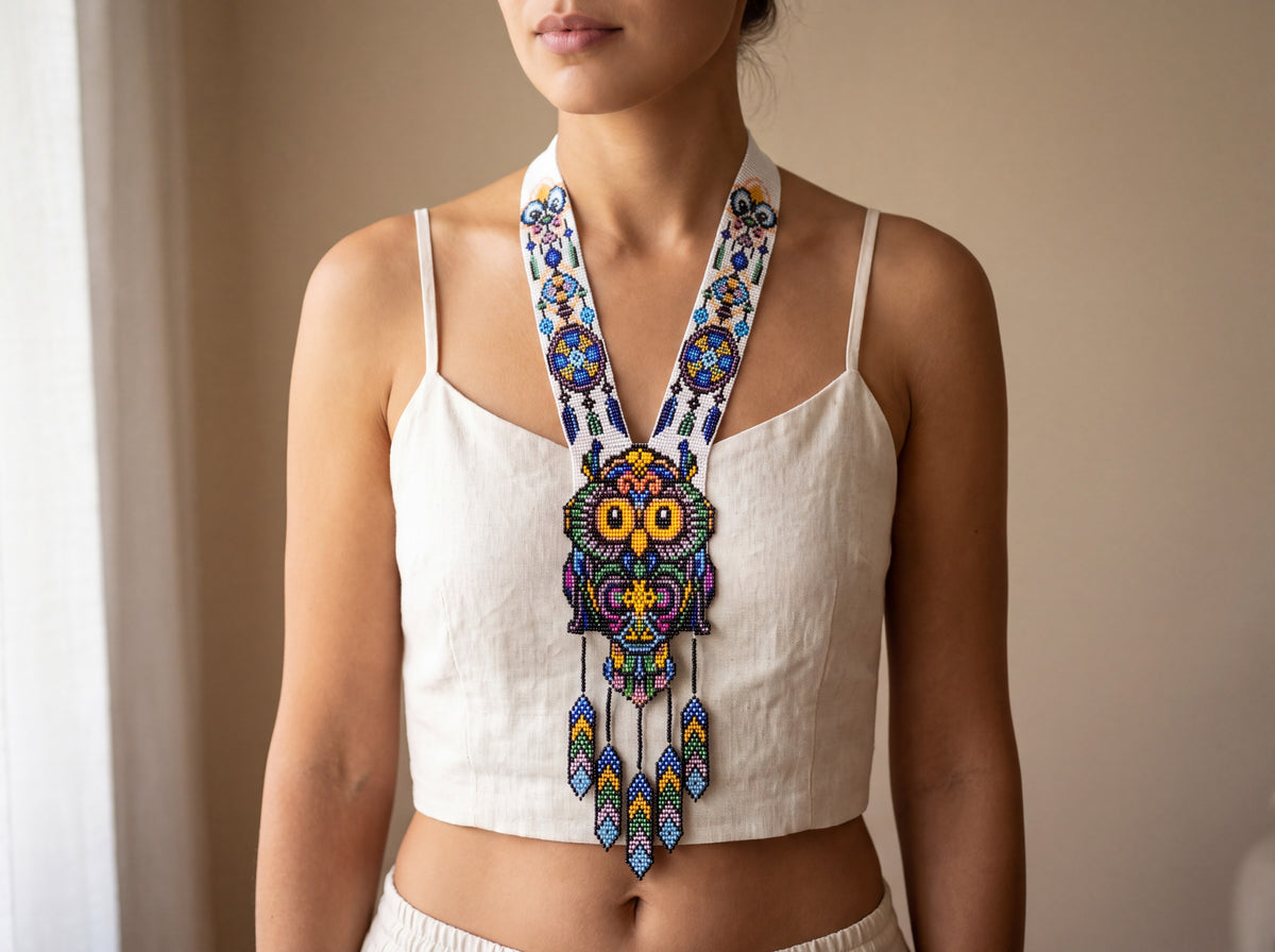 Handmade beaded gerdan necklace with a colorful owl pendant and feather fringe on white straps with blue medallions, worn on a model in a linen top