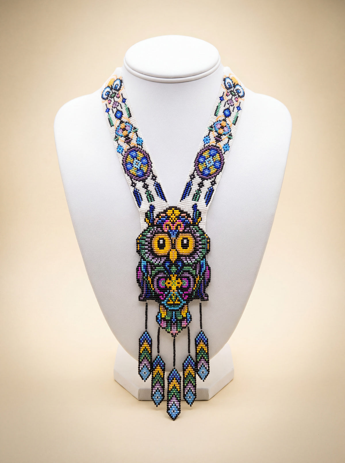Handmade owl gerdan necklace, large size, colorful glass seed beads with dangling fringe tassels.