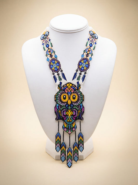 Handmade owl gerdan necklace, large size, colorful glass seed beads with dangling fringe tassels.