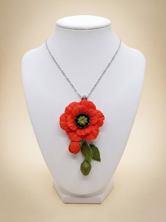Handmade "Poppies" pendant necklace, polymer clay red flower with leaves on a silver chain.