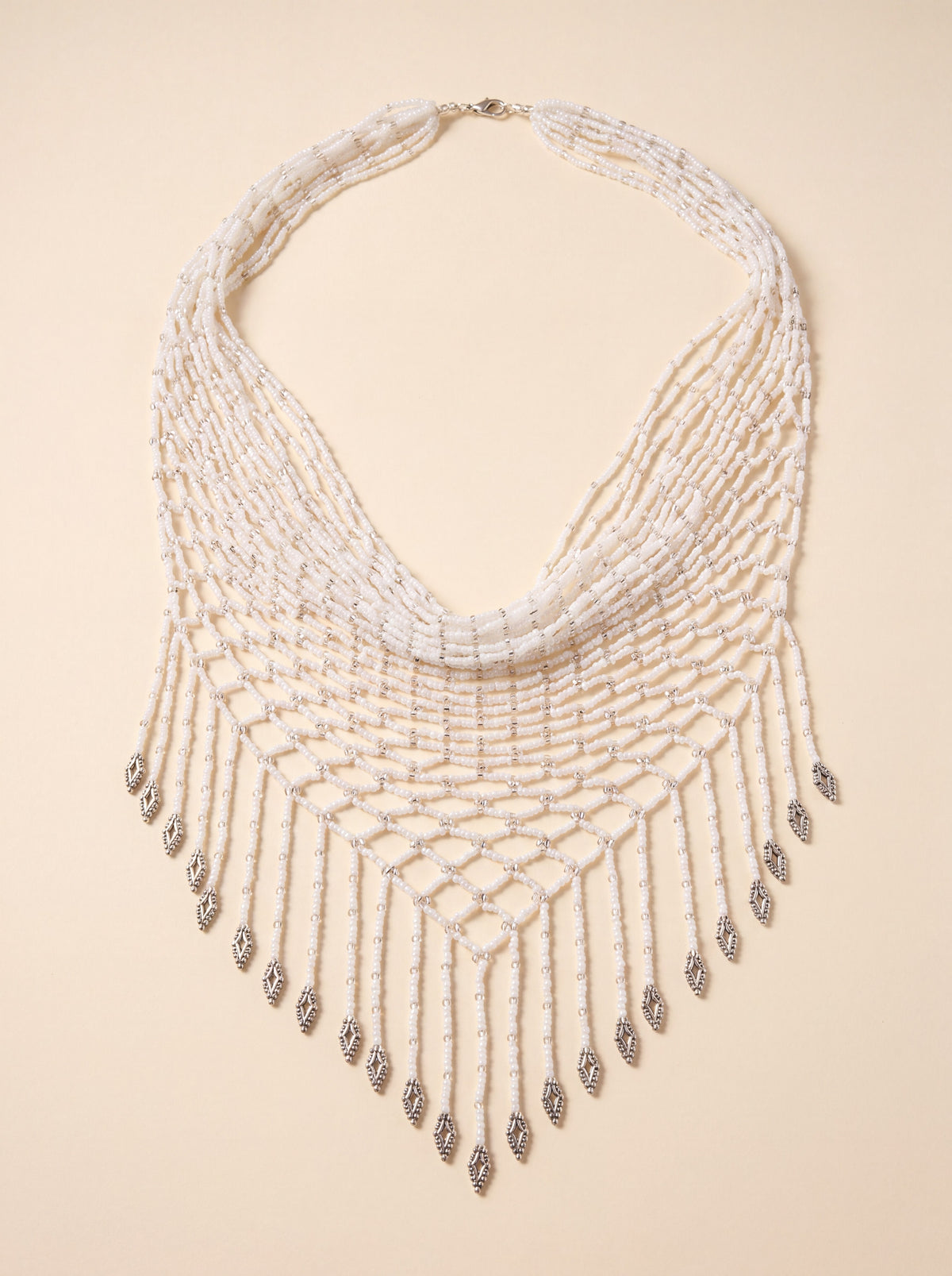 Handmade white and silver beaded scarf necklace, woven collar with dangling fringe strands.
