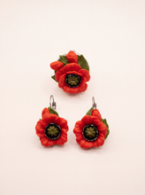 Poppies jewelry set with earrings and adjustable ring, red polymer clay flowers with green leaves