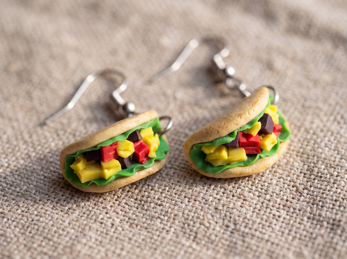 Pair of handmade miniature taco earrings with green lettuce, yellow cheese, and red filling on silver hooks, close-up on natural burlap.