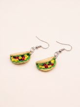 Taco earrings handmade from polymer clay with lettuce, cheese and tomato filling on silver hooks