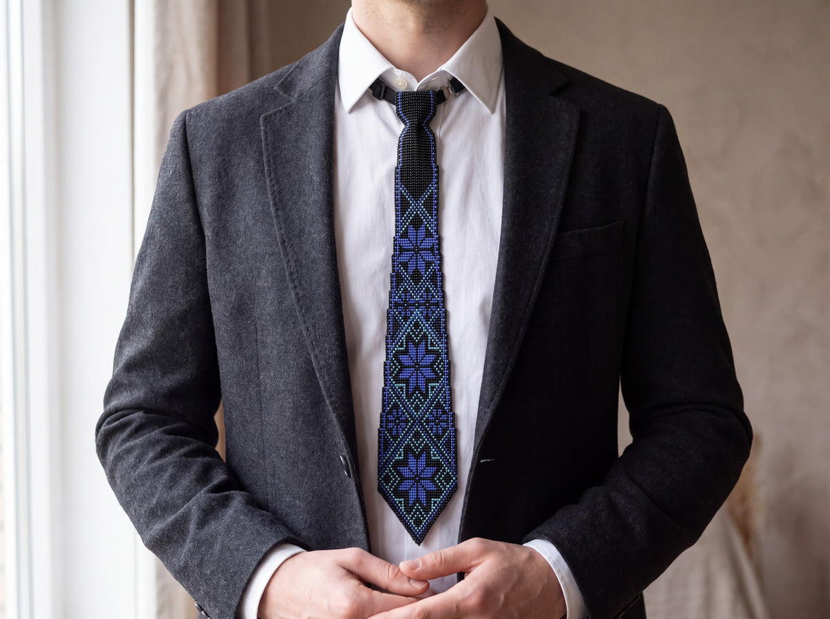 Handmade beaded tie in black with blue and turquoise geometric star pattern, worn with a white shirt and charcoal suit jacket