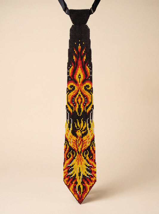 Handmade beaded necktie featuring a fiery red, orange and yellow phoenix motif on black glass seed beads.