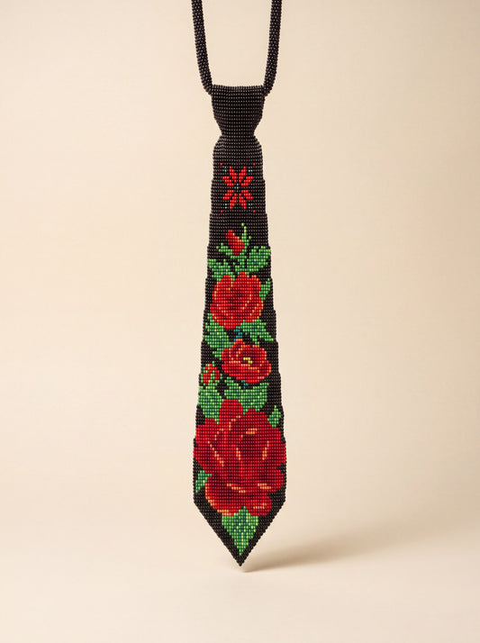 Handmade black beaded tie-necklace, "Roses" design, with red beaded roses and green leaves, glass seed beads.