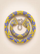 Handmade loomed beaded bracelet in Ukrainian blue and yellow, adjustable chain closure