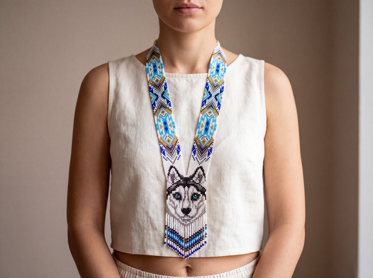 Handmade beaded gerdan necklace with a blue-eyed wolf portrait and fringe, straps patterned in turquoise, blue and gold, worn on a model