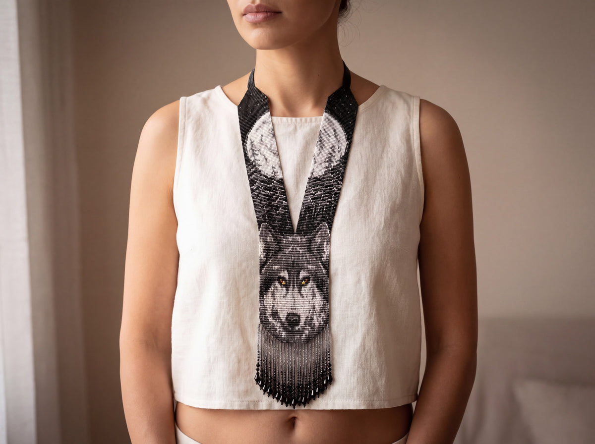 Handmade beaded gerdan necklace with a gray wolf portrait under a full moon on black straps with long fringe, worn on a model in a cream top