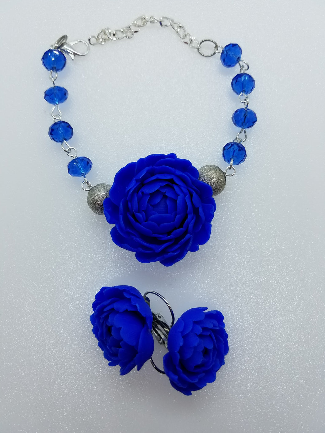 Set of 2 bracelet and earrings ''Сobalt blue Flowers'' - Lora's Treasures
