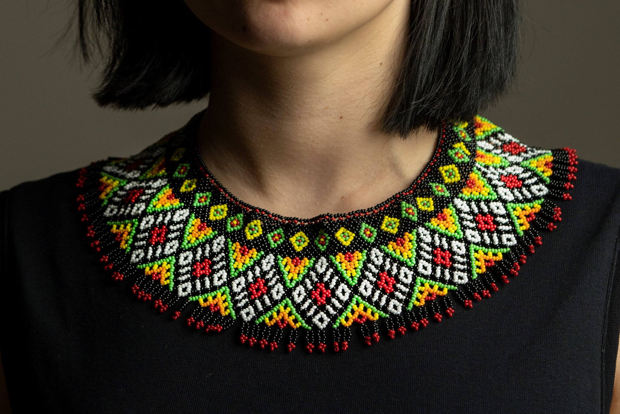 Beaded mesh collar necklace multicolored tribal jewelry | NAHERI