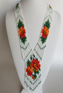Beaded necklace "Gerdan" Orange flowers on white background - Lora's Treasures