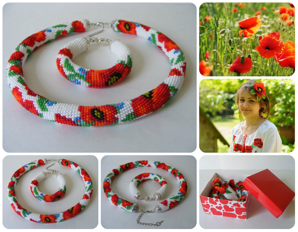 Collage of the handmade Poppies beaded choker set with red poppy field photos and a heart gift box