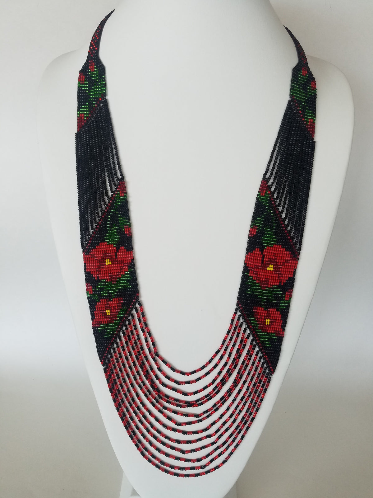 Handmade loomed gerdan necklace with red poppies on black, cascading black and red glass bead strands