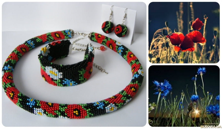 Black and red colorway of the beaded poppy choker set with cuff and earrings, collage with wildflower photos