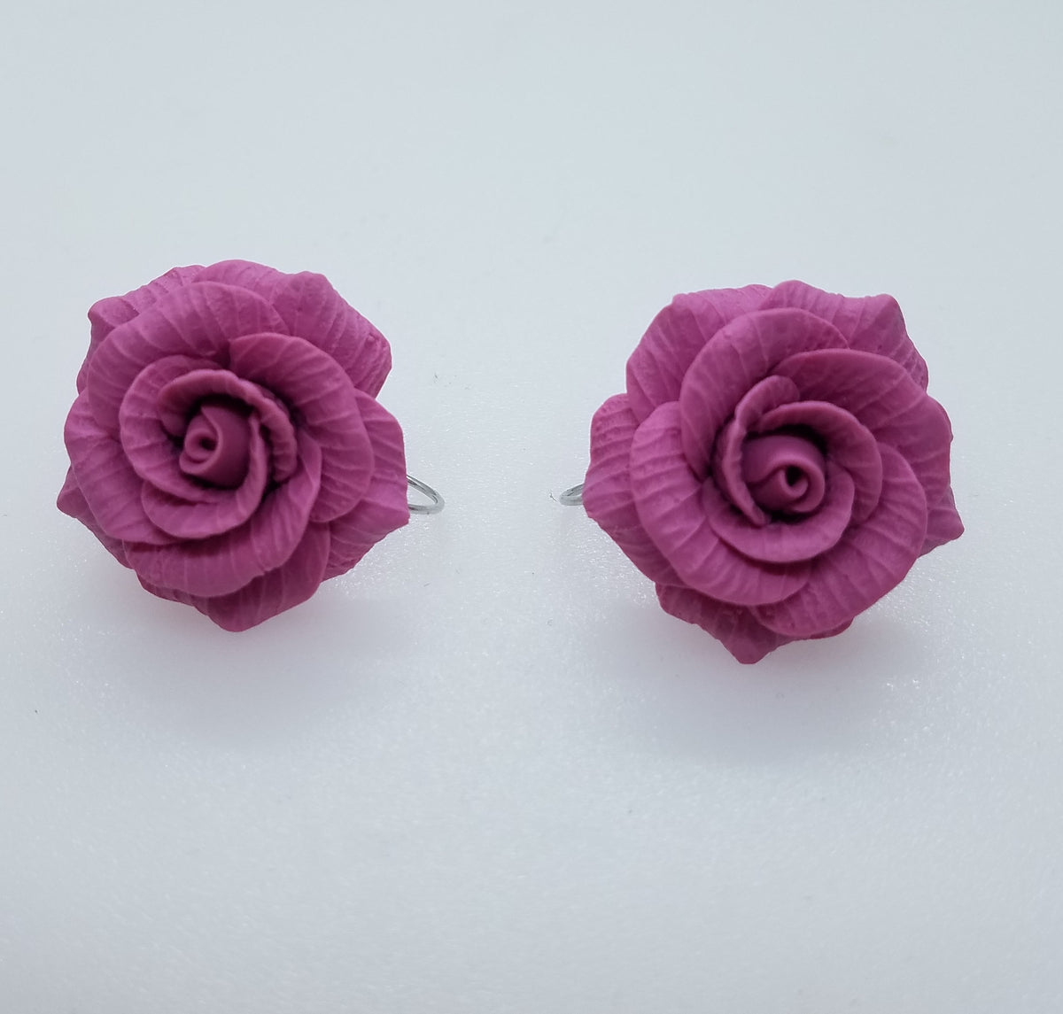 Pink magenta colorway of the big rose flower earrings, handmade polymer clay pair