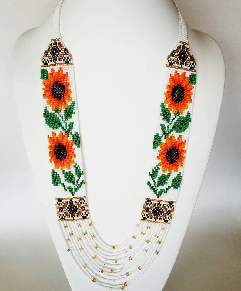 Ukrainian style Sunflowers gerdan necklace in white glass seed beads with orange blooms and gold accents